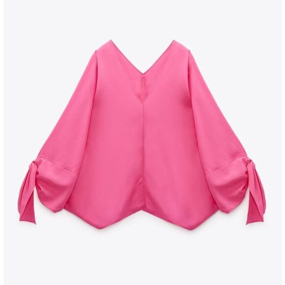 ZARA Flowy Blouse Top Ties New pink Barbiecore Barbie Core - Picture 8 of 11